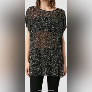 ALLSAINTS Stipple Tee Hand Embellished Dress India Sequins Beads Gunmetal Black